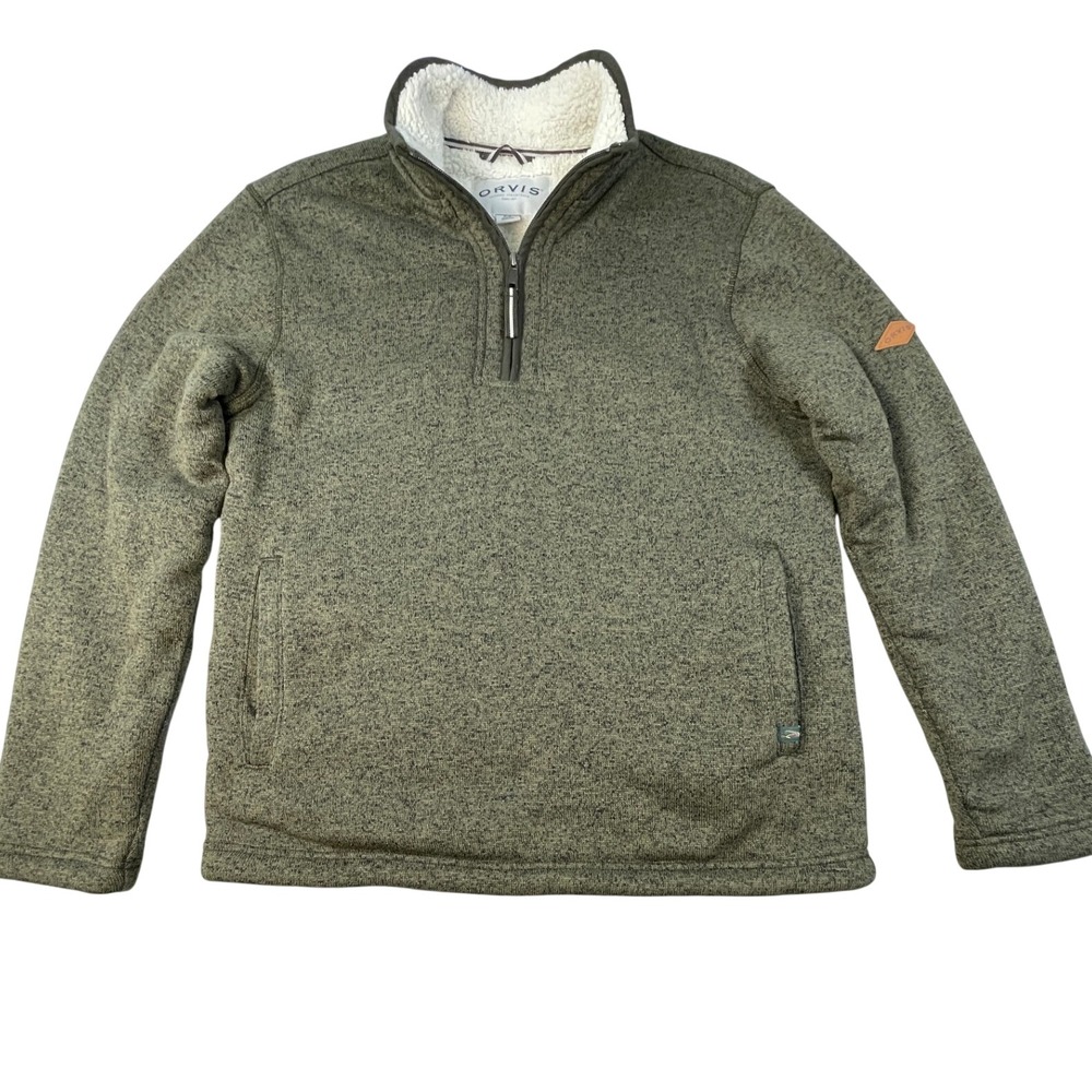 Orvis Pullover Men M Green Classic Collection Sherpa Lined Quarter Zip Sweater - Picture 2 of 11